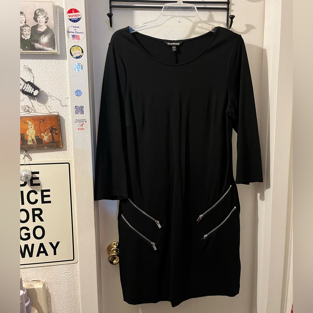 Express- size L- black mini dress with faux zipper trim at hips. EUC.